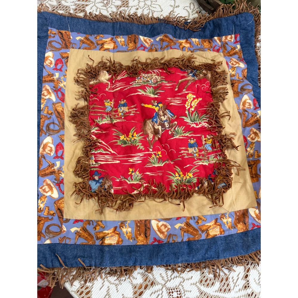 Handmade Western Cowboy Patchwork Quilt and Fringe Pillow Sham Set 75x75